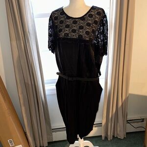 Black Lace Overlay Dress with Belt & pockets